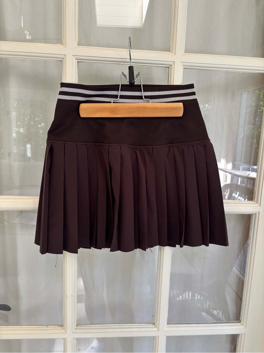 Aerie Pleated Skirt in Deep Brown with Striped, Drop Waistband